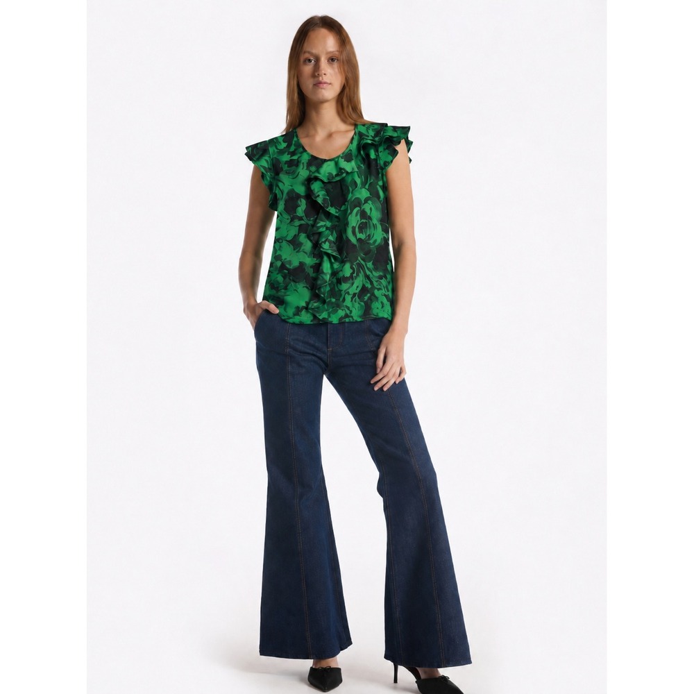 Sunny Leigh Green Black Romantic Whimsigoth Floral Ruffle Blouse Size Medium